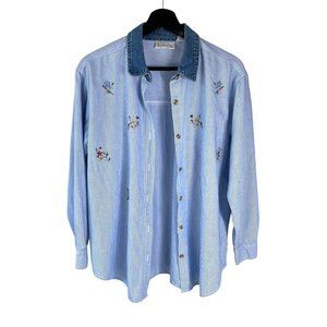 Vintage 90s Blue White Micro Stripe Floral Embroidered Button Up Long Sleeve Med